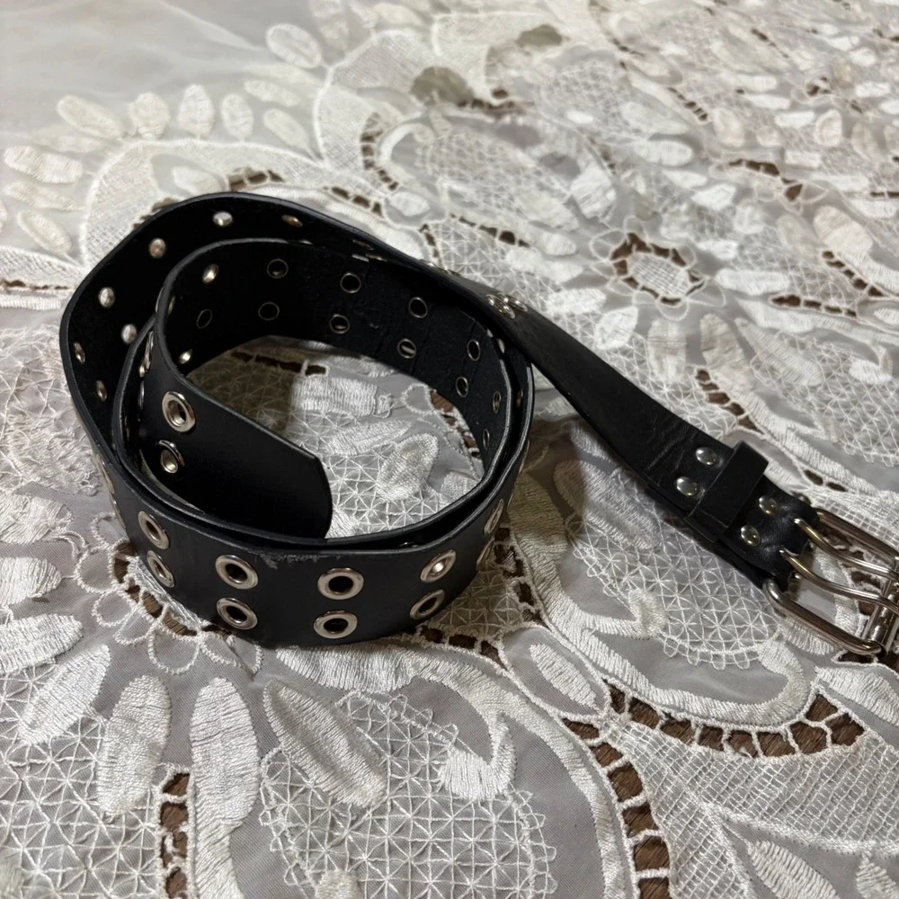 Black Double Grommet Belt Silver Tone Hardware Punk Grunge Y2K Edgy Accessory